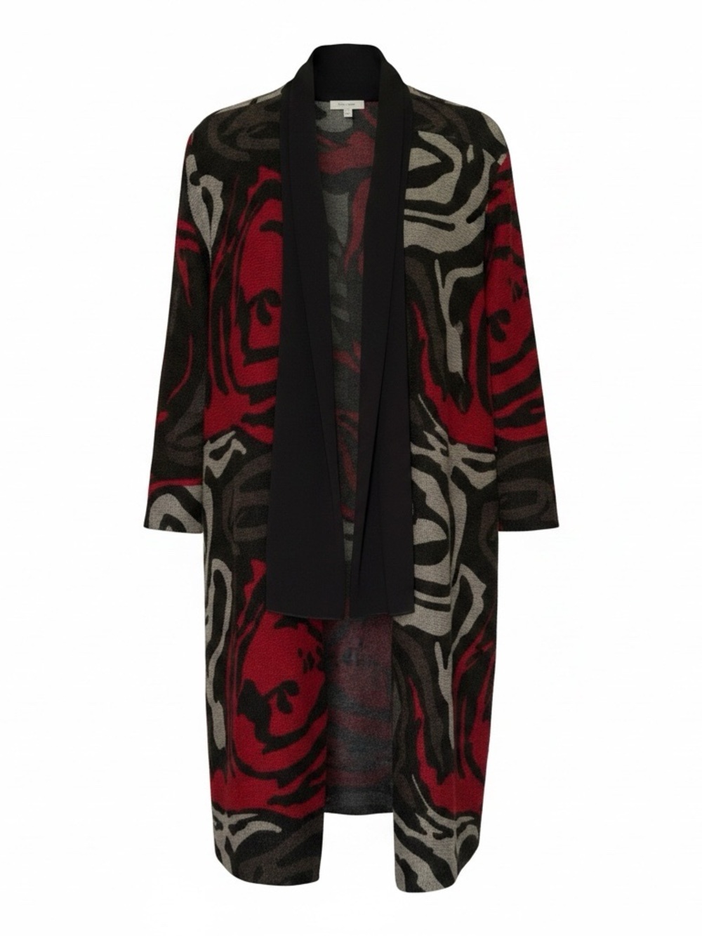 Yushi Long Open-Front Floral Cardigan Sweater in Red and Black